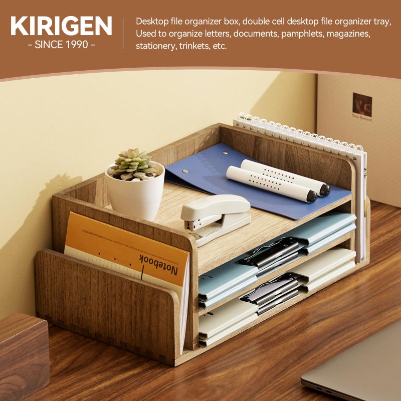 KIRIGEN Wood Desk Organizer 5 Trays - Desktop Document Letter Tray for Folders, Mail,File -Nature 3-Tier Office Mail Sorter Organizer Rack/Telephone Stand/Document Holder Dark Brown(2TP-DBR) - Image 3